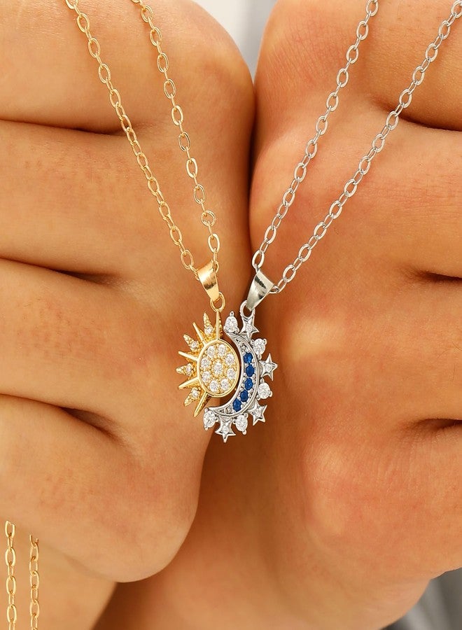 MarveBard Sun Moon Necklace Set Stackable Necklace for Women Men Sparkling Gold Silver Rhinestone Sun Pendant Necklace Couple Necklaces Matching Necklaces as Friendship Best Friend Jewelry for Women Men (Gold+Silver) - Image 2